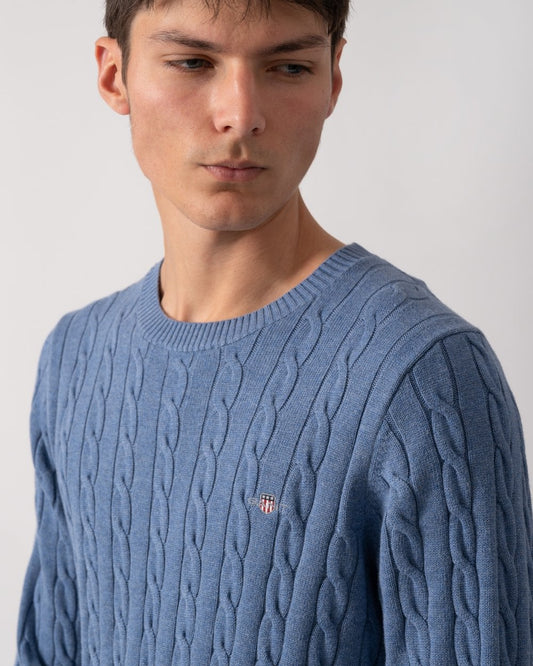 GANT Mens Cotton Cable Knit Crew Neck Jumper - 906 Denim Blue Melange