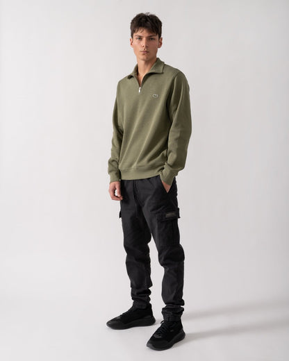 Lacoste Mens Zippered Stand-Up Collar Cotton Sweatshirt - Khaki BMY