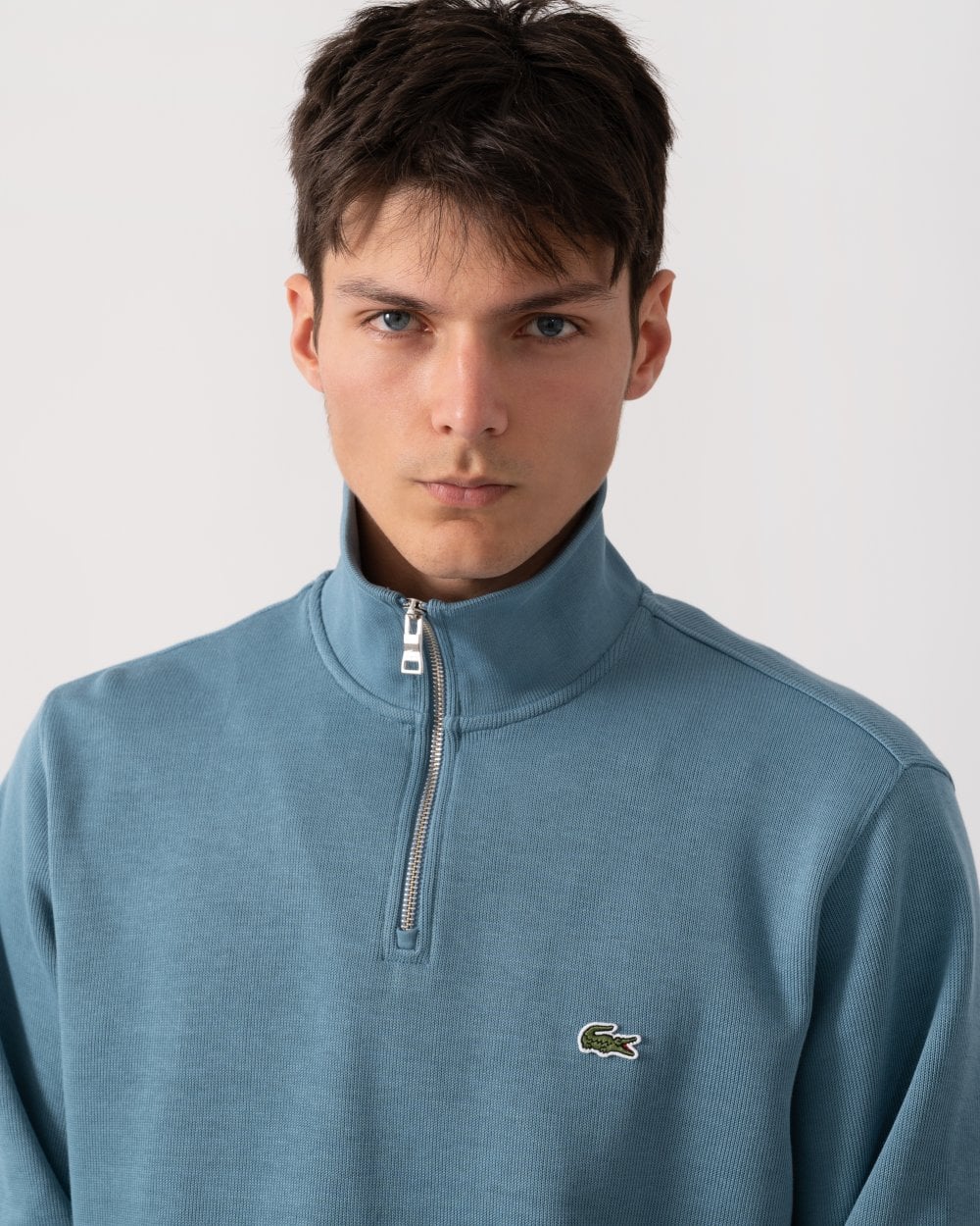 Lacoste Mens Zippered Stand-Up Collar Cotton Sweatshirt - Limestone HD9