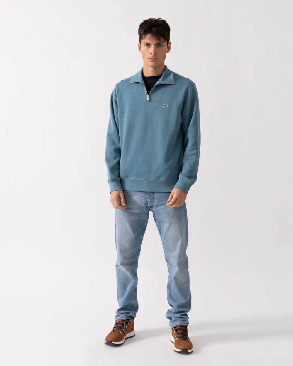 Lacoste Mens Zippered Stand-Up Collar Cotton Sweatshirt - Limestone HD9