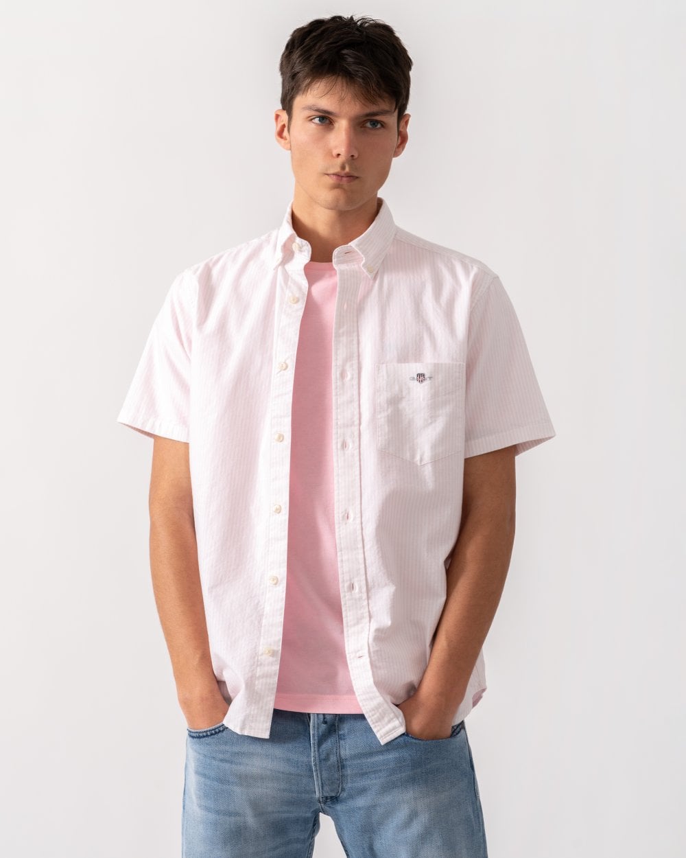 GANT Mens Regular Fit Classic Oxford Stripe Short Sleeve Shirt - 662 Light Pink