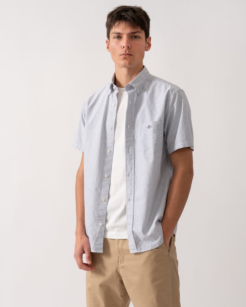 GANT Mens Regular Fit Classic Oxford Stripe Short Sleeve Shirt - 423 Persian Blue