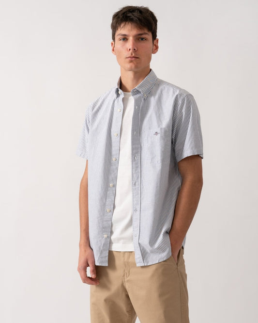 GANT Mens Regular Fit Classic Oxford Stripe Short Sleeve Shirt - 423 Persian Blue