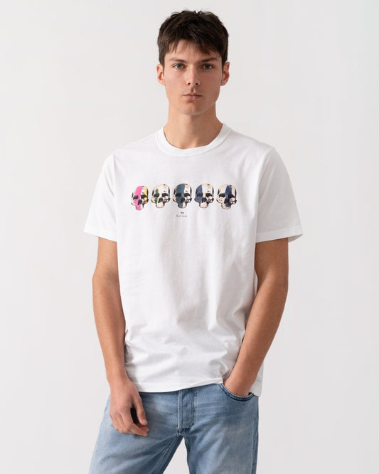 PS Paul Smith Mens Reg Fit Short Sleeve Multi Skull T-Shirt - 01 White