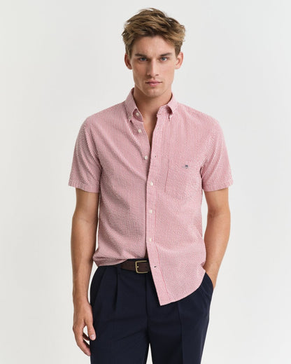 GANT Mens Regular Fit Seersucker Stripe Short Sleeve Shirt - 630 Ruby Red