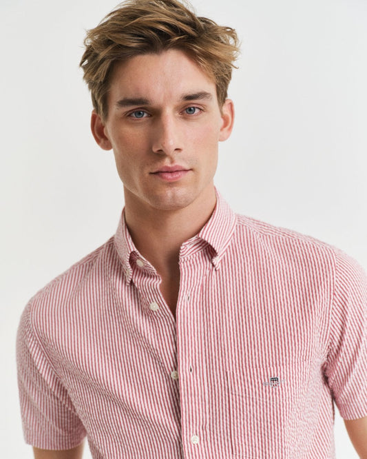 GANT Mens Regular Fit Seersucker Stripe Short Sleeve Shirt - 630 Ruby Red