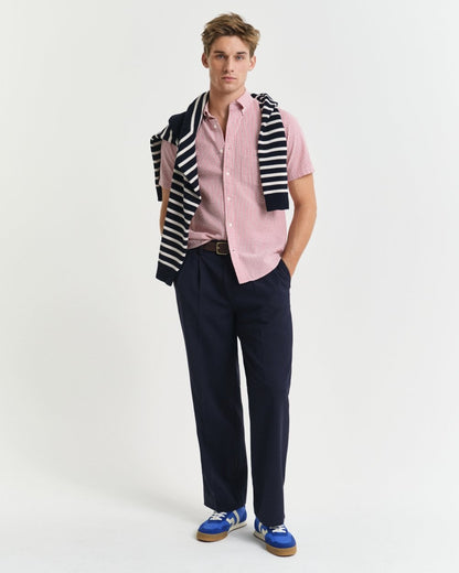 GANT Mens Regular Fit Seersucker Stripe Short Sleeve Shirt - 630 Ruby Red