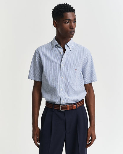 GANT Mens Regular Fit Seersucker Stripe Short Sleeve Shirt - 407 Rich Blue