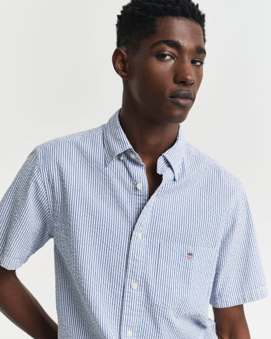 GANT Mens Regular Fit Seersucker Stripe Short Sleeve Shirt - 407 Rich Blue