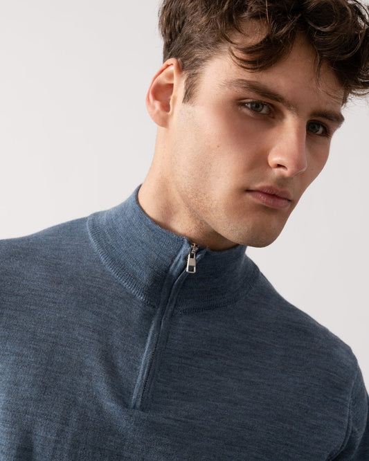 Oliver Sweeney Curragh Mens 1/4 Zip Funnel Neck Merino Wool Jumper - Mid Blue