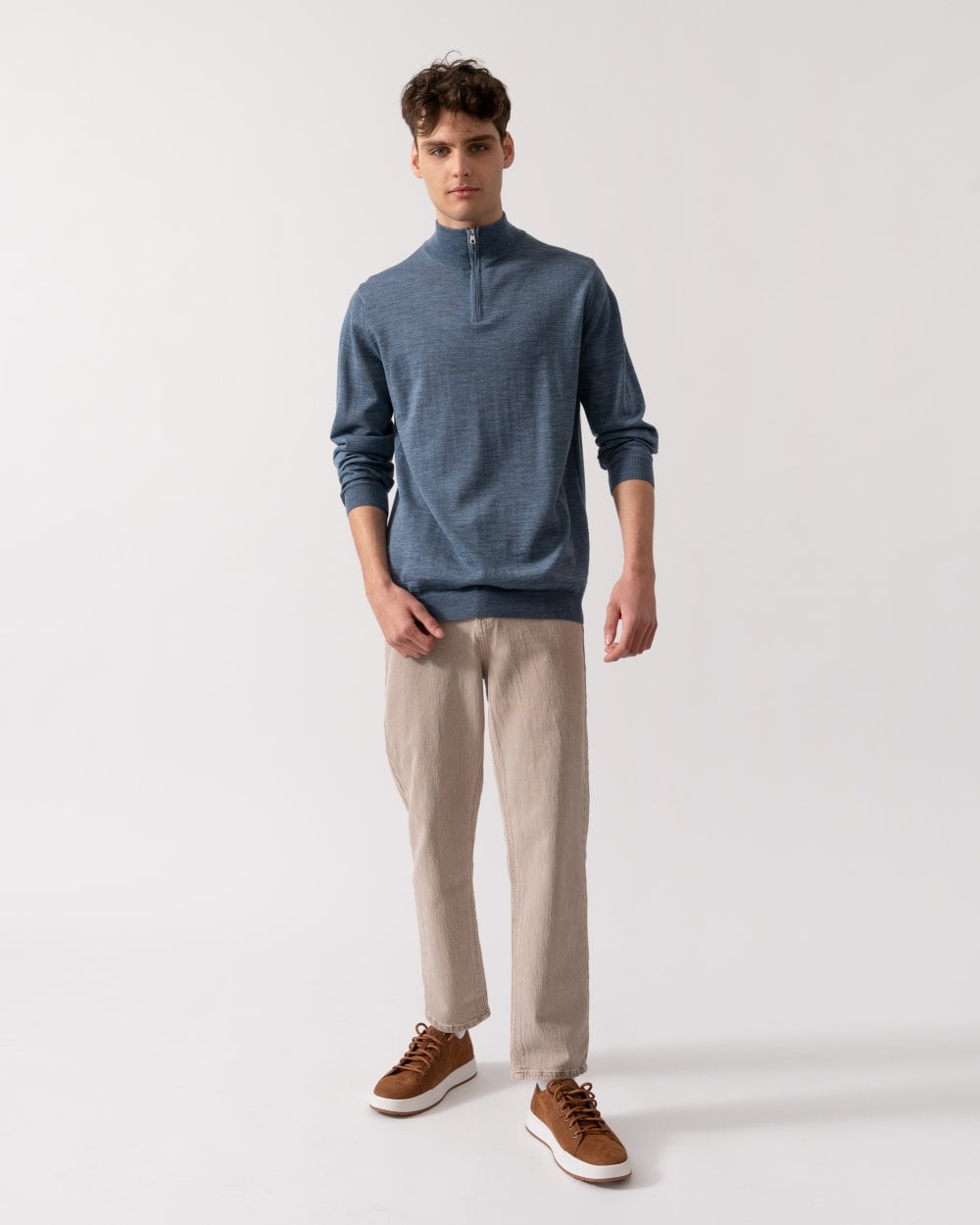 Oliver Sweeney Curragh Mens 1/4 Zip Funnel Neck Merino Wool Jumper - Mid Blue