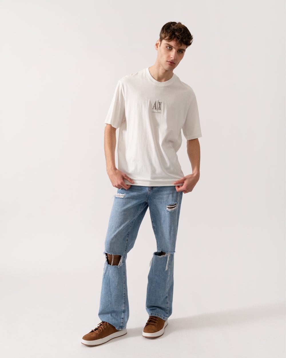 Armani Exchange Mens Embroidered A|X Centre Logo T-Shirt - Off White U0009