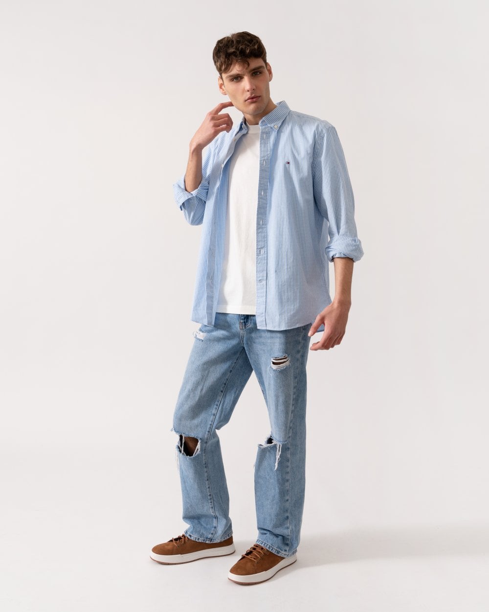 Tommy Hilfiger Flex Poplin Gingham Long Sleeve Mens Shirt - Sweet Blue / Optic White