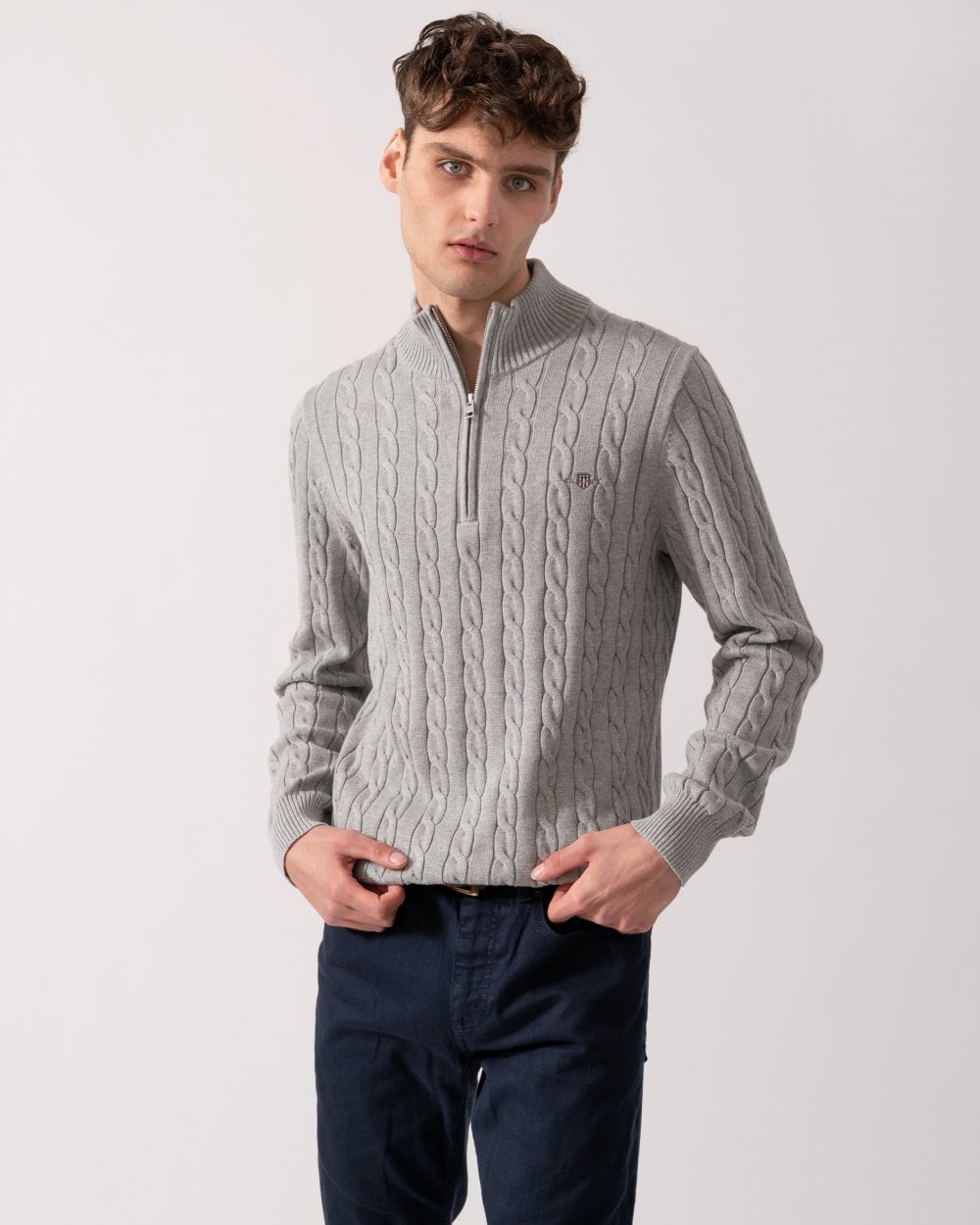 GANT Mens Cotton Cable Half Zip Jumper - 93 Grey Melange