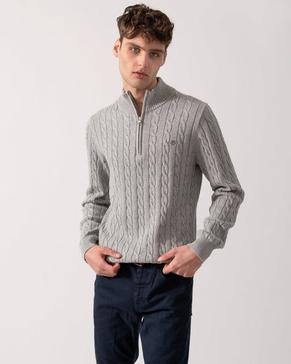 GANT Mens Cotton Cable Half Zip Jumper - 93 Grey Melange