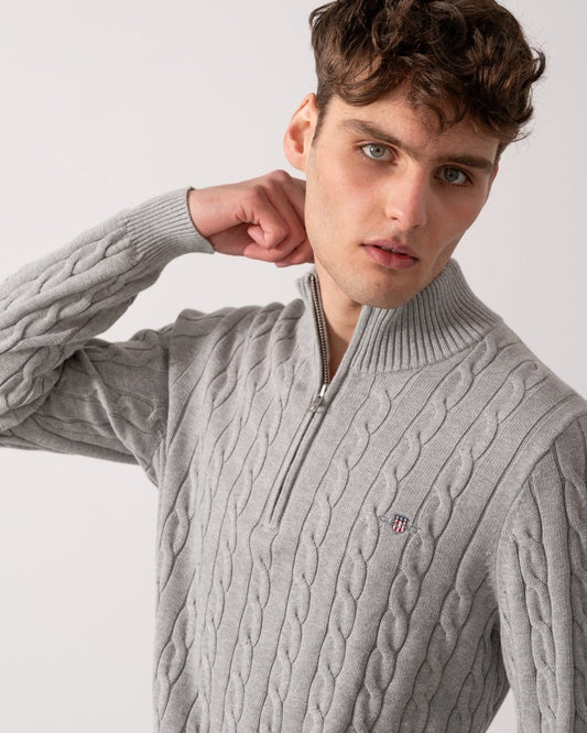 GANT Mens Cotton Cable Half Zip Jumper - 93 Grey Melange