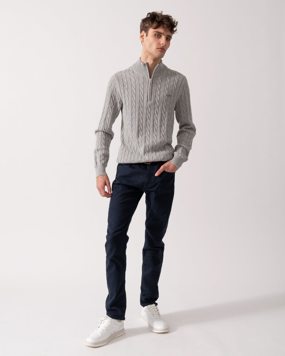 GANT Mens Cotton Cable Half Zip Jumper - 93 Grey Melange