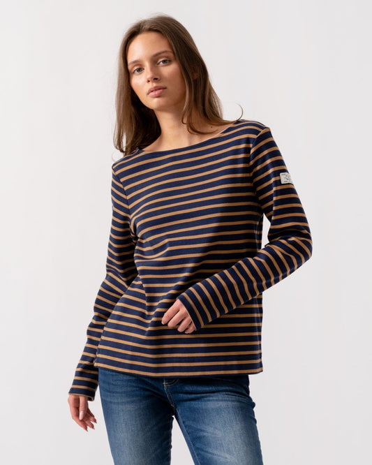 Joules Harbour Womens Broad Stripe Breton Top - Navy Tan Stripe - CHO - Designer Womens Long Sleeve T-Shirts & Tops