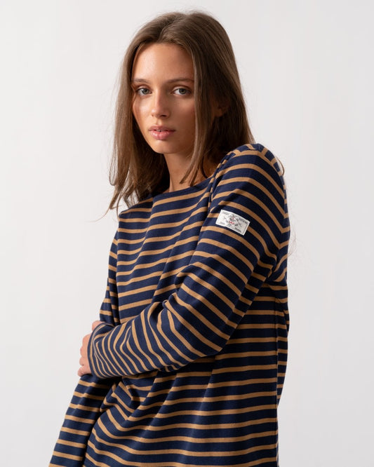 Joules Harbour Womens Broad Stripe Breton Top - Navy Tan Stripe