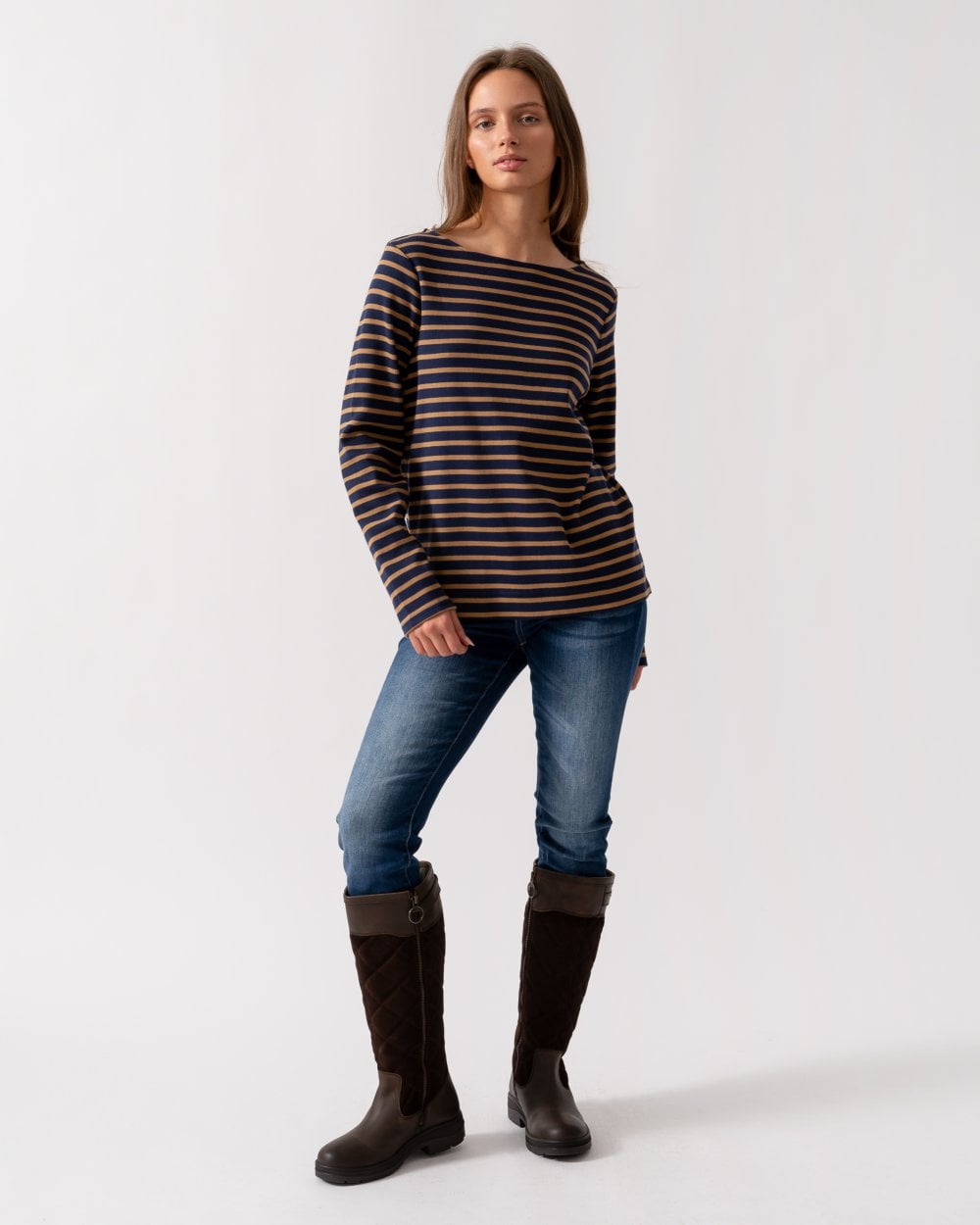 Joules Harbour Womens Broad Stripe Breton Top - Navy Tan Stripe