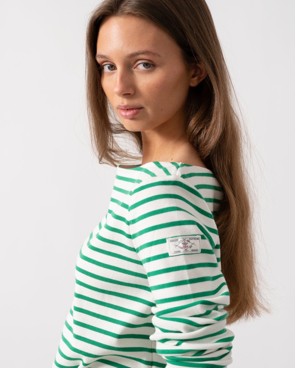 Joules New Harbour Womens Striped Breton Top - Green Stripe