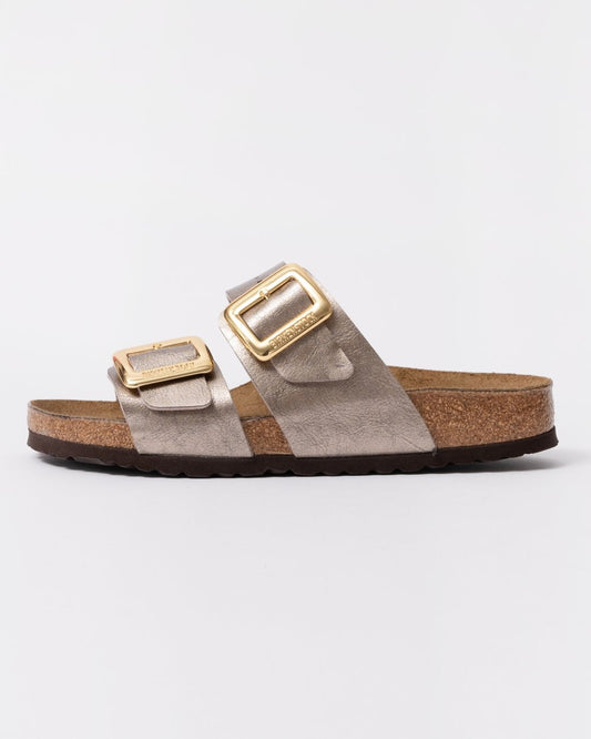Birkenstock Sydney Cushion Big Buckle Womens Birko-Flor Patent Sandals - Graceful Taupe