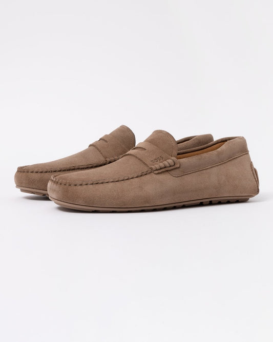 BOSS Orange Noel Mens Suede Driving Moccasins - Medium Beige 260 - CHO - Designer Mens Shoes