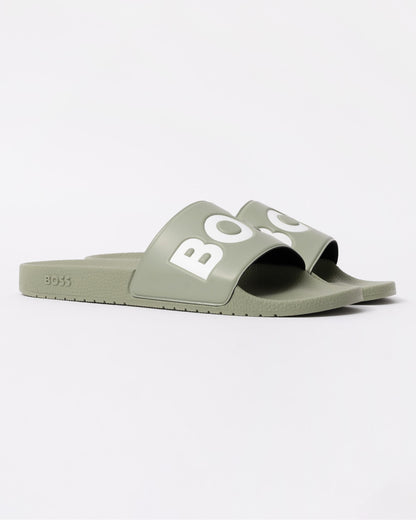 BOSS Orange Aryeh Mens Italian-Made Slides With Large Logo Detail - Medium Green 311