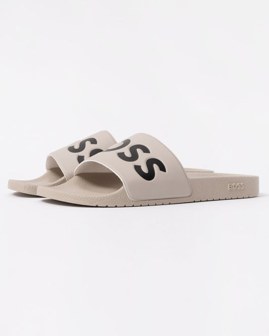 BOSS Orange Aryeh Mens Italian-Made Slides With Large Logo Detail - Open White 131