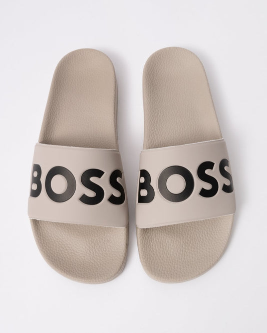BOSS Orange Aryeh Mens Italian-Made Slides With Large Logo Detail - Open White 131