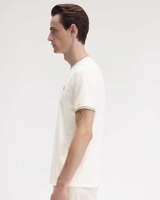 Fred Perry Mens Twin Tipped T-Shirt - Light Ecru/Olive Mint  Y54