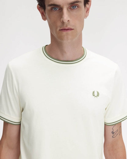 Fred Perry Mens Twin Tipped T-Shirt - Light Ecru/Olive Mint  Y54