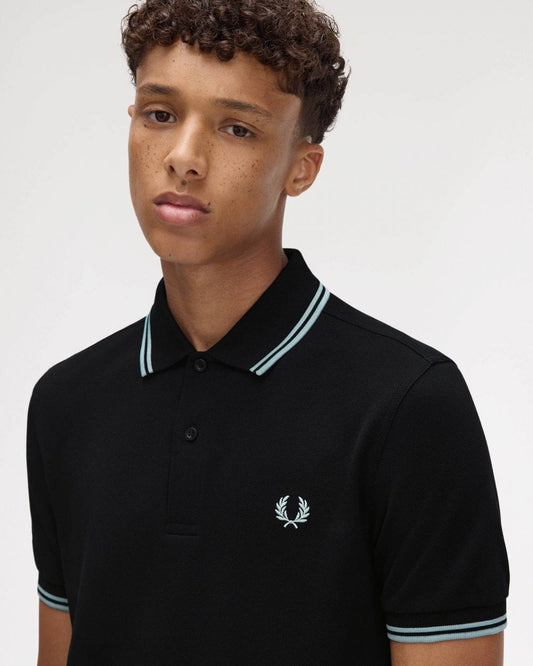 Fred Perry Mens Twin Tipped Signature Polo Shirt Pre A/W 25 - Black/Silver Blue Q46