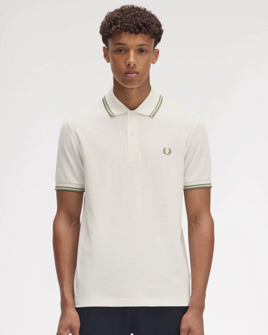 Fred Perry Mens Twin Tipped Signature Polo Shirt Pre A/W 25 - Light Ecru/Olive Mint  Y54