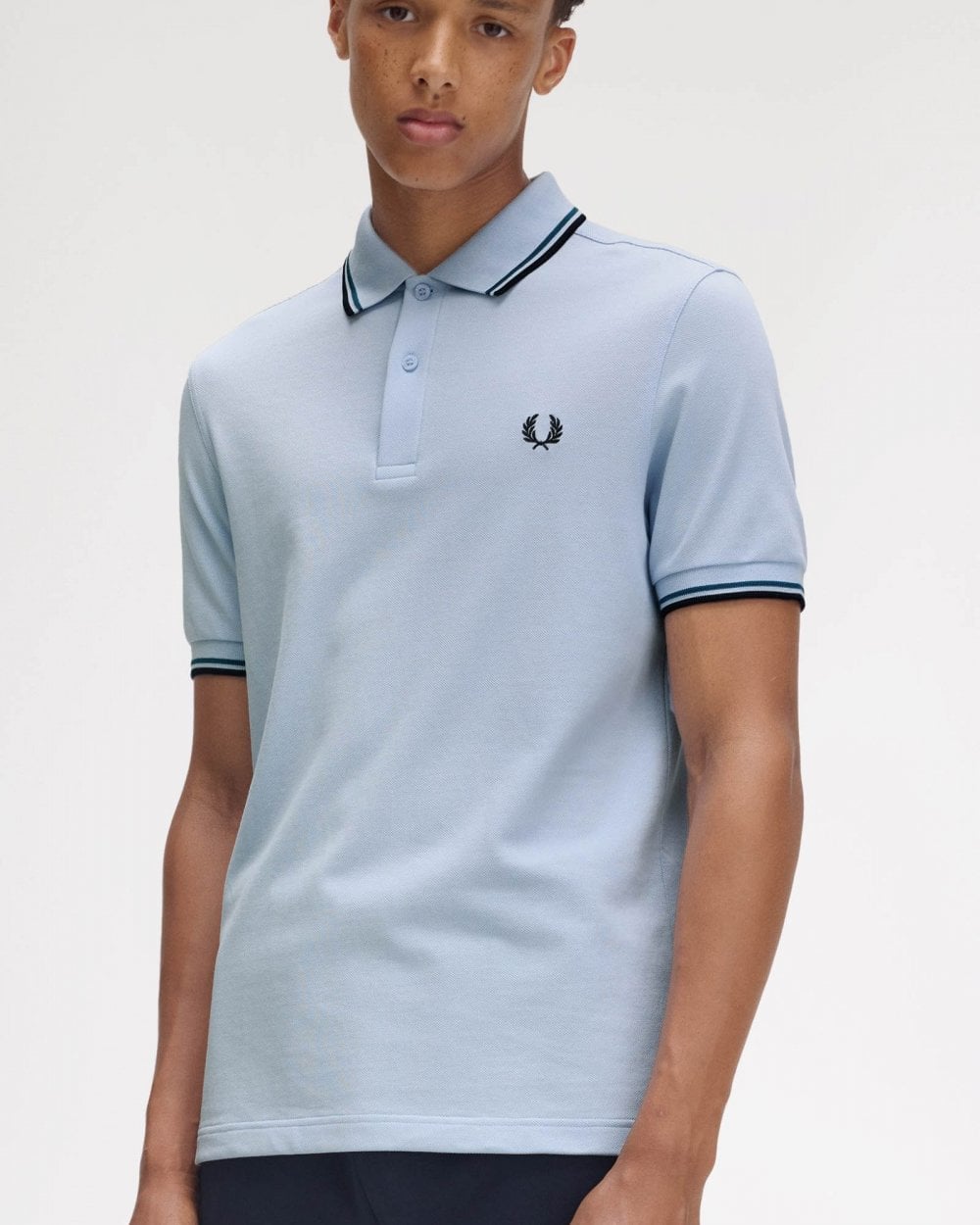 Fred Perry Mens Twin Tipped Signature Polo Shirt Pre A/W 25 - Light Smoke/Petrol Blue/Navy Y58