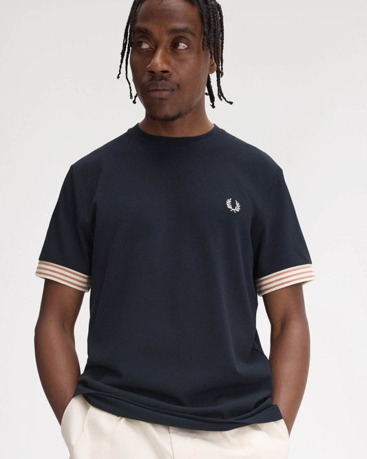 Fred Perry Mens Striped Cuff T-Shirt - Navy 608