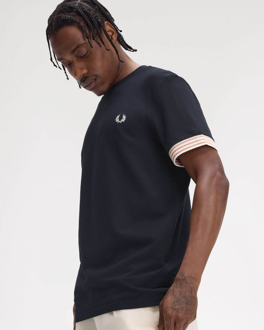 Fred Perry Mens Striped Cuff T-Shirt - Navy 608