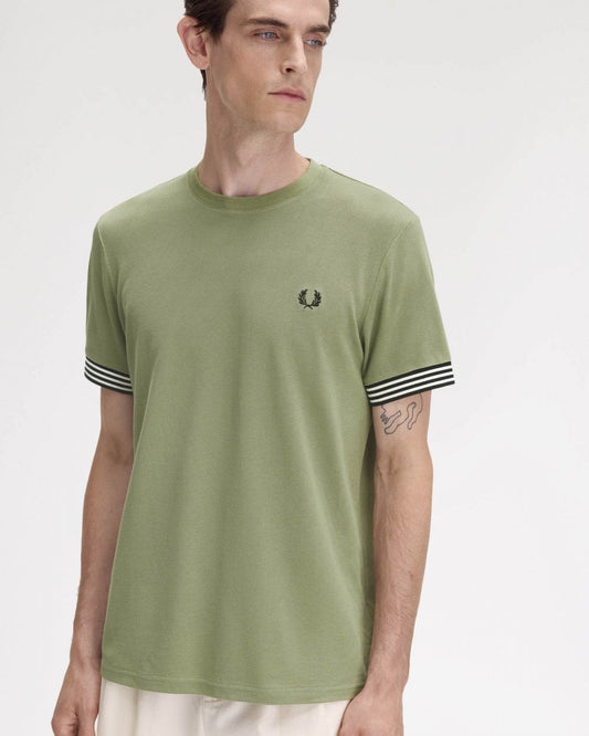 Fred Perry Mens Striped Cuff T-Shirt - Olive Mint X88