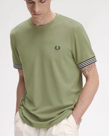 Fred Perry Mens Striped Cuff T-Shirt - Olive Mint X88