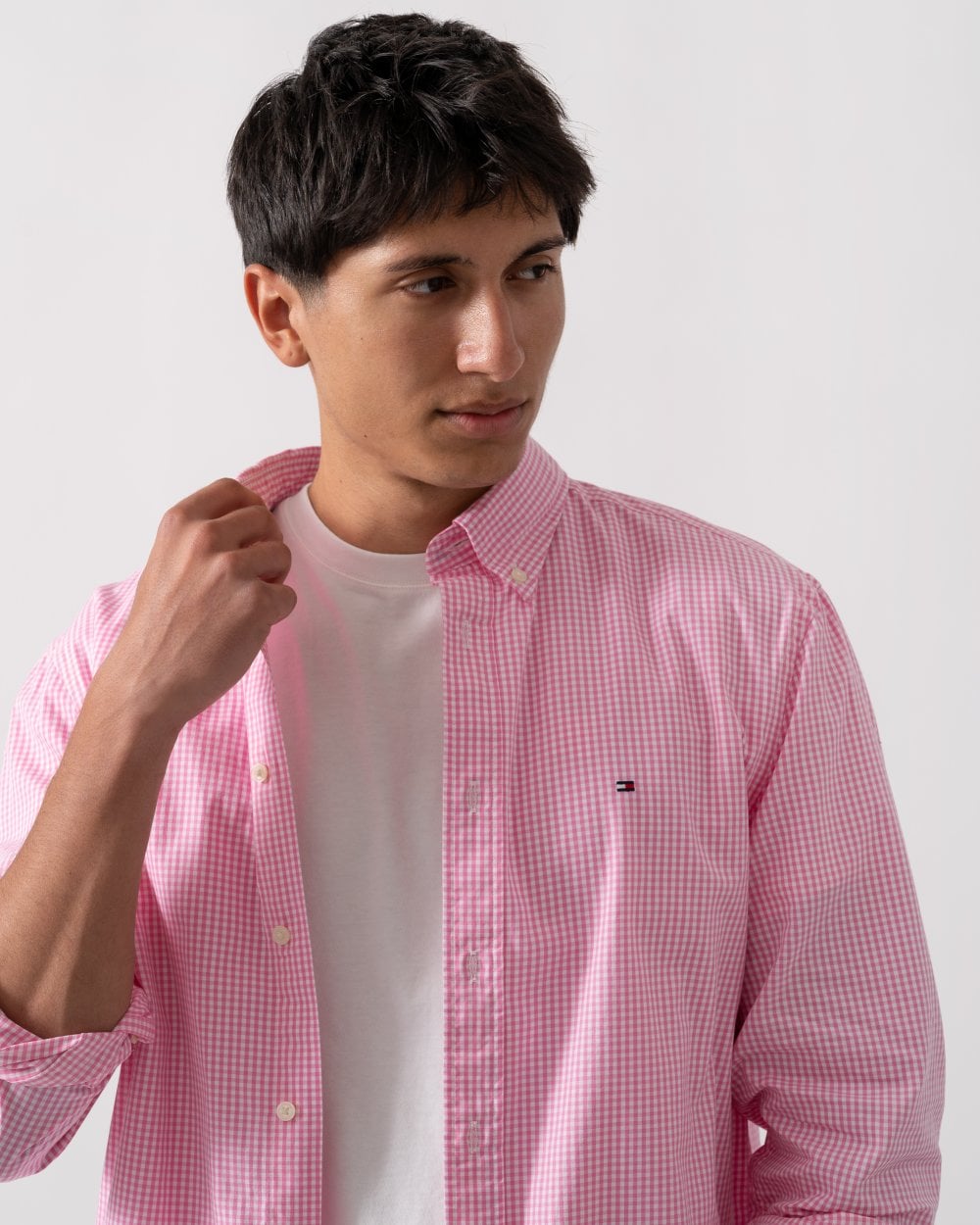 Tommy Hilfiger Flex Poplin Gingham Long Sleeve Mens Shirt - Classic Pink / Optic White