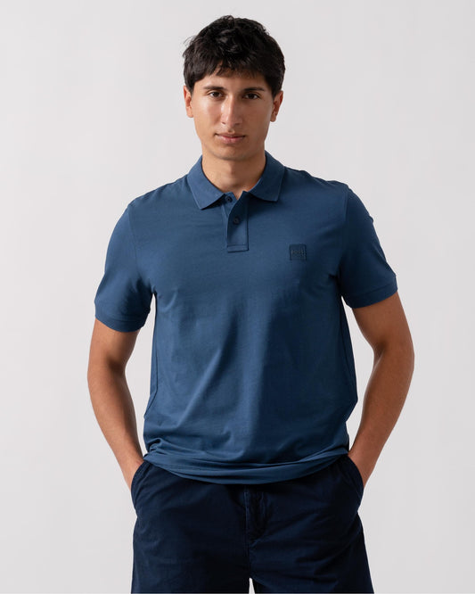 BOSS Orange Passenger Mens Stretch-Cotton Slim-Fit Polo Shirt with Logo Patch - Open Blue 466 - CHO - Designer Mens Short Sleeve Polo Shirts