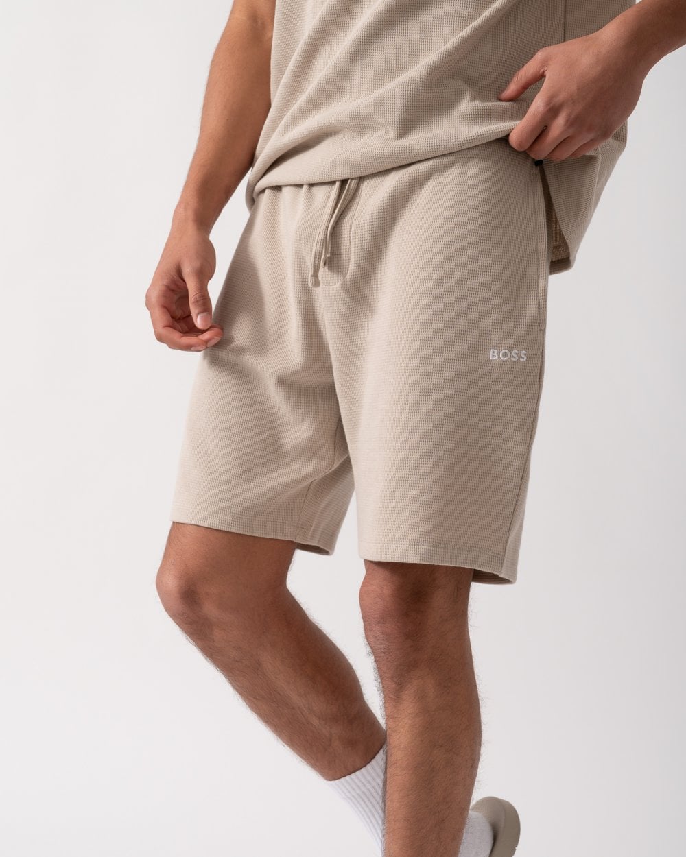 BOSS Orange Waffle Mens Cotton Blend Waffle Structure Pyjama Shorts with Embroidered Logo - Light Beige 275