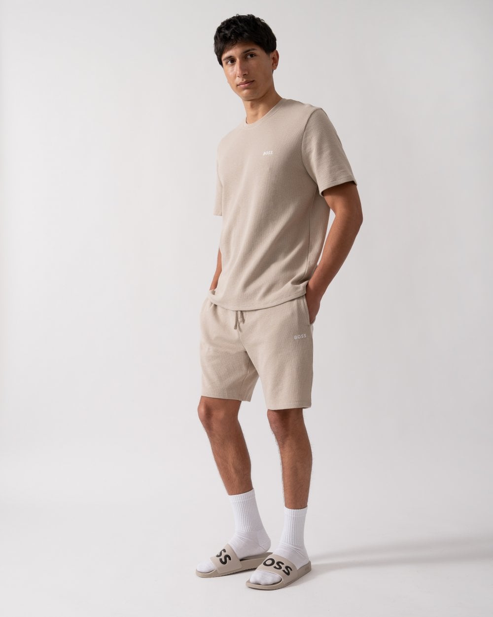 BOSS Orange Waffle Mens Cotton Blend Waffle Structure Pyjama Shorts with Embroidered Logo - Light Beige 275