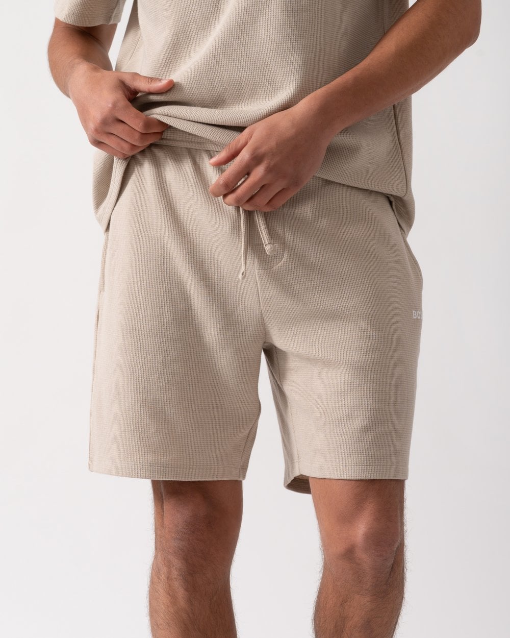 BOSS Orange Waffle Mens Cotton Blend Waffle Structure Pyjama Shorts with Embroidered Logo - Light Beige 275