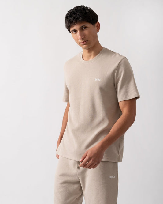 BOSS Orange Waffle Mens Cotton-Blend Pyjama T-Shirt with Embroidered Logo - Light Beige 275 - CHO - Designer Mens Pyjamas