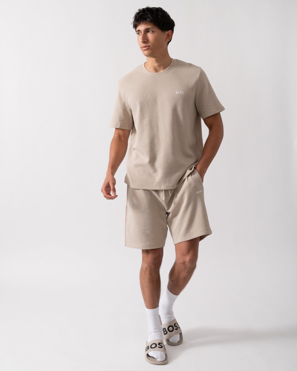 BOSS Orange Waffle Mens Cotton-Blend Pyjama T-Shirt with Embroidered Logo - Light Beige 275