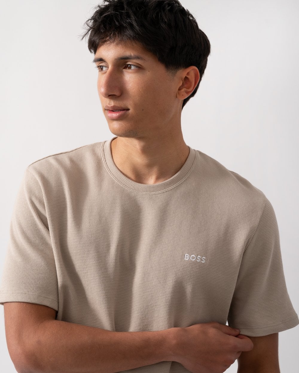 BOSS Orange Waffle Mens Cotton-Blend Pyjama T-Shirt with Embroidered Logo - Light Beige 275