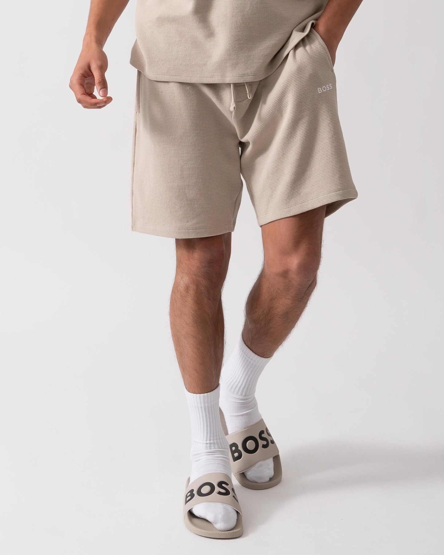BOSS Orange Waffle Mens Cotton Blend Waffle Structure Pyjama Shorts with Embroidered Logo - Light Beige 275