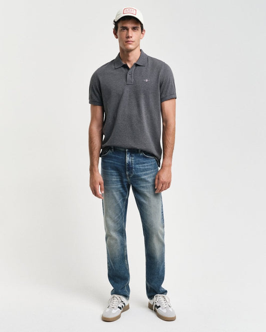 GANT Mens Regular Fit Short Sleeve Shield Logo Pique Polo - 95 Anthracite Melange