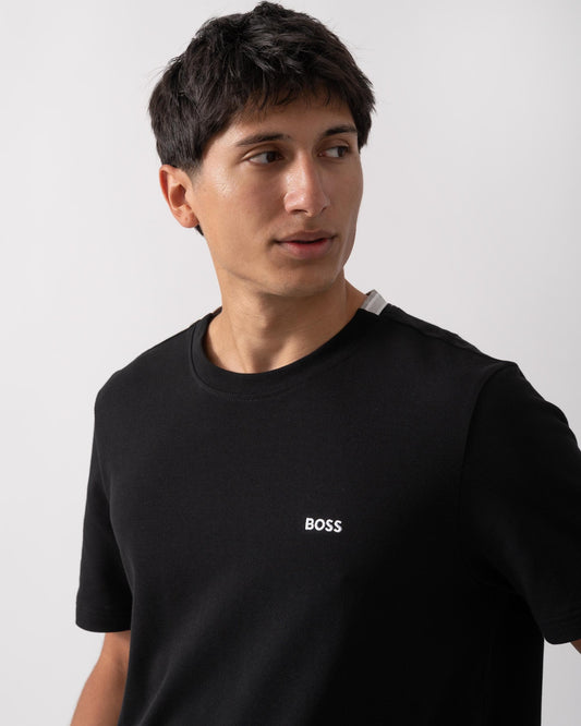 BOSS Green Taddy Mens Cotton Piqué T-Shirt with Oxford-Jacquard Back Collar - Black 001